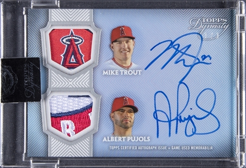 2017 Topps Dynasty #DAP-TP Mike Trout/Albert Pujols Dual Jersey Logo Patch Autographed Card (#1/1) - TOPPS ENCASED